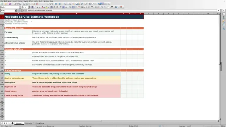 Preview of Mosquito Service Estimate Spreadsheet for Excel