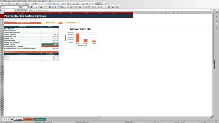 Preview of Pest Control Job Costing Spreadsheet for Excel