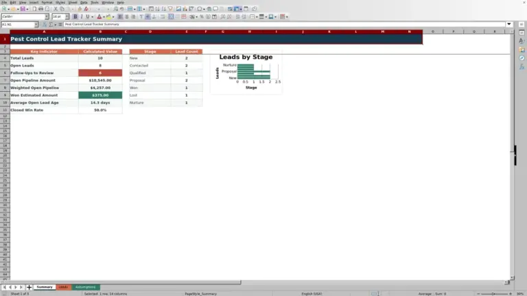 Preview of Pest Control Lead Tracker Excel Spreadsheet
