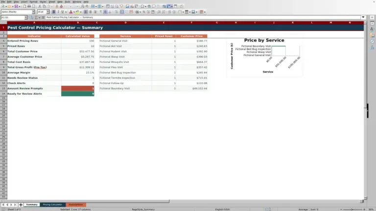 Preview of Pest Control Pricing Calculator Excel Workbook