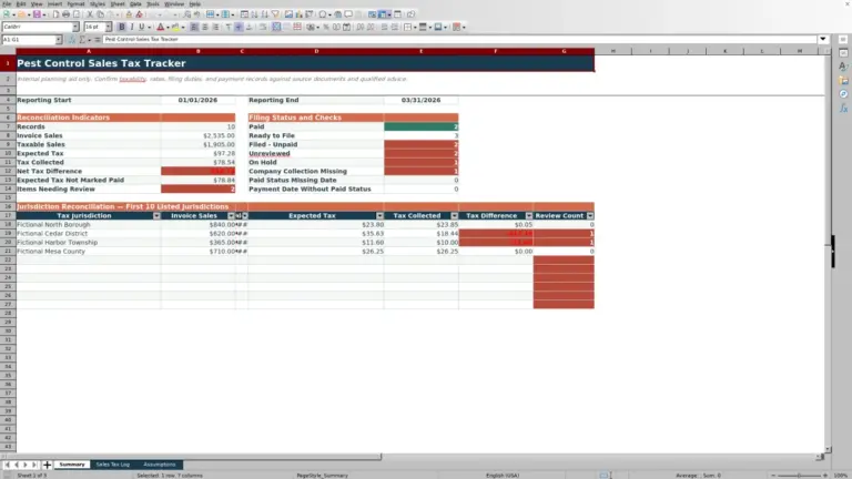 Preview of Pest Control Sales Tax Tracker Excel Workbook