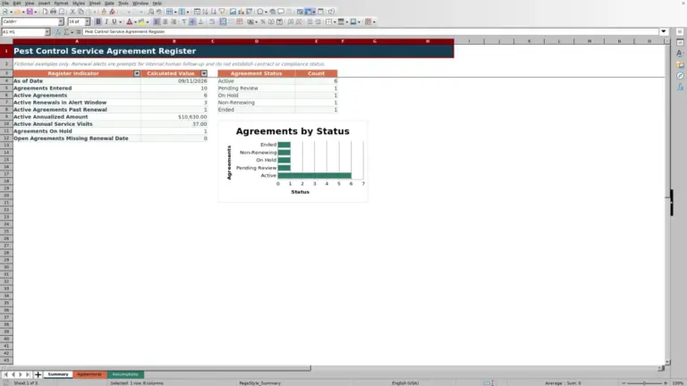 Preview of Pest Control Service Agreement Register Excel Workbook